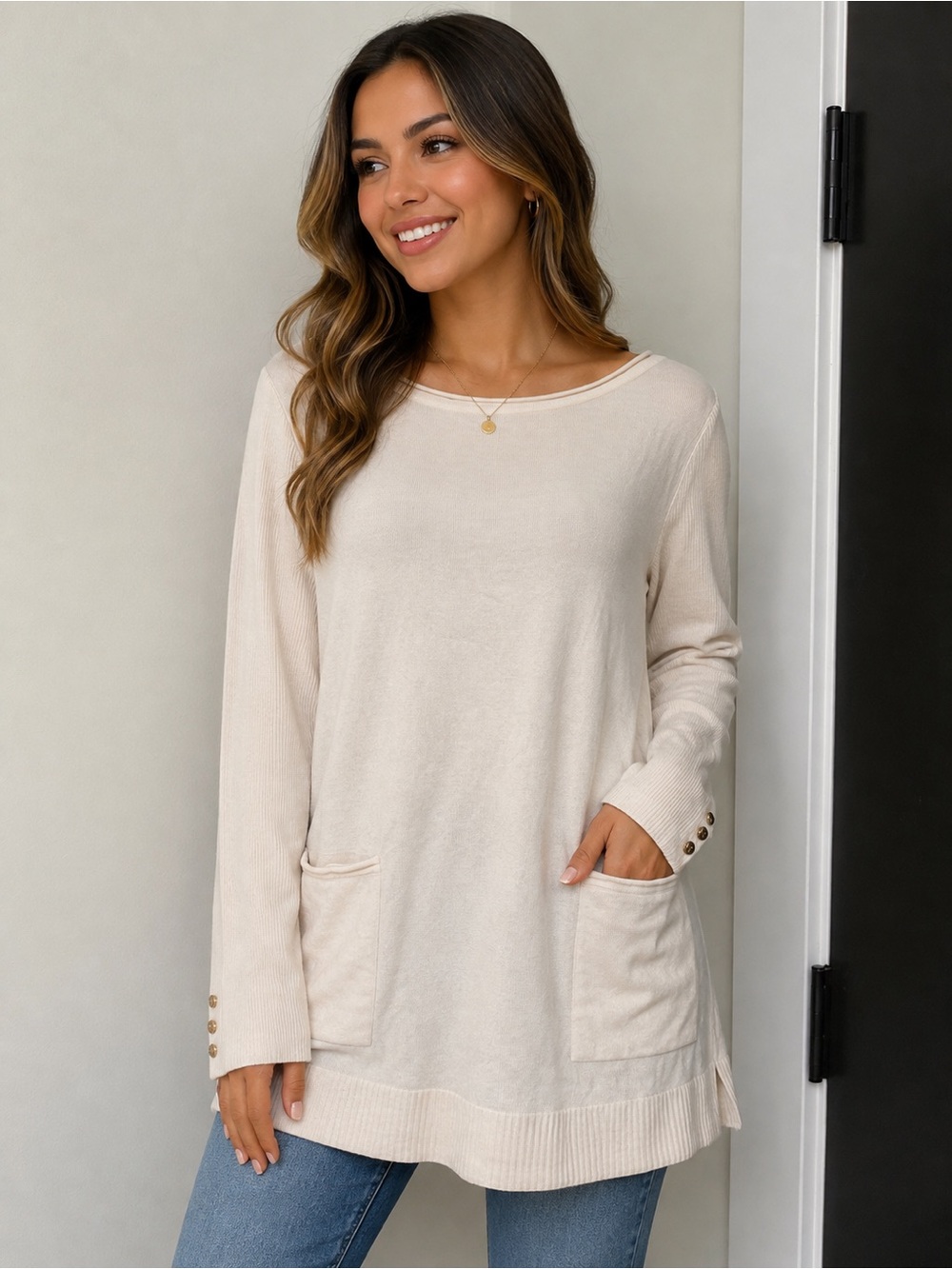 Chico's Cream Long-Sleeve Pocket Tunic Tunic Top Size 2 (Large)